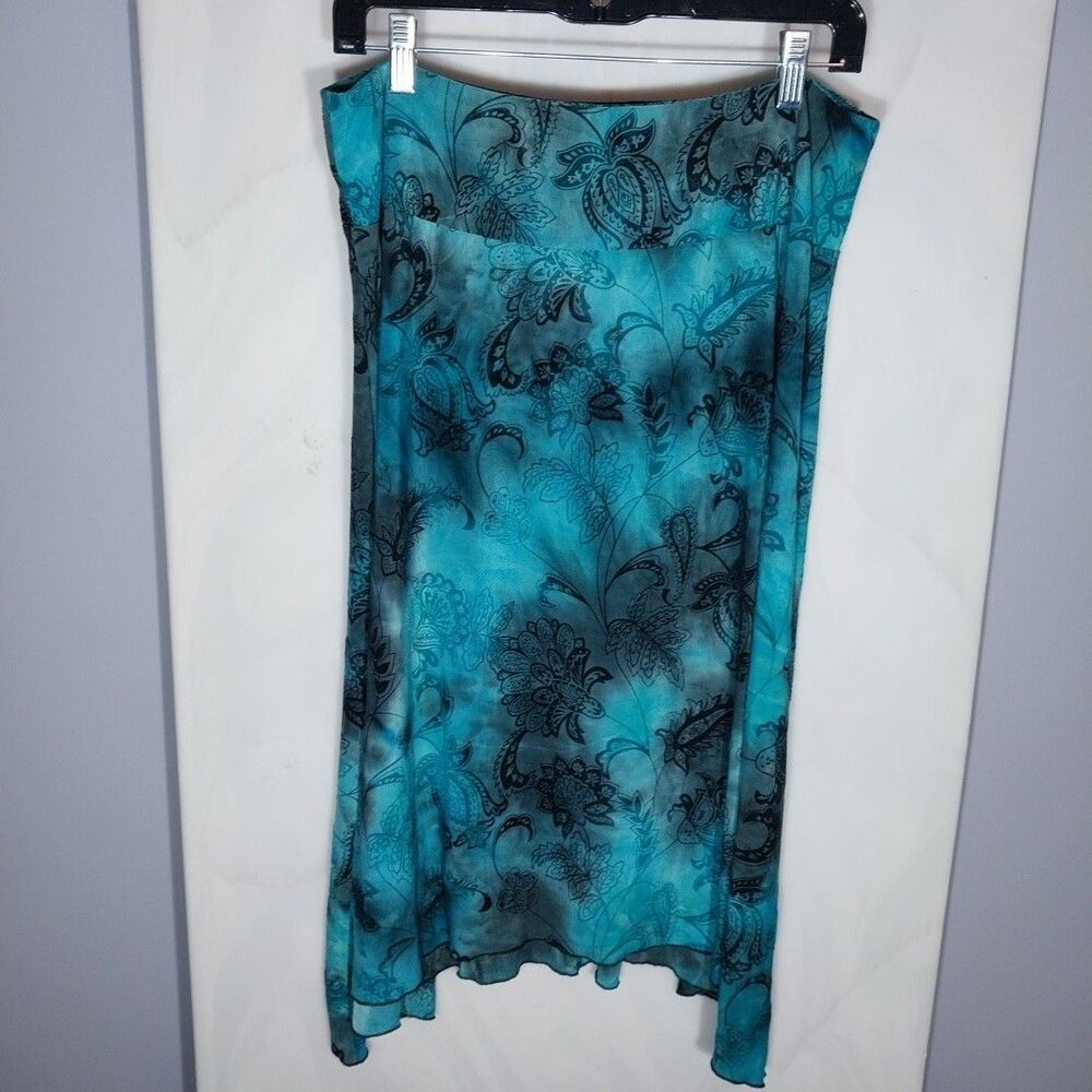 Sami & Jo 1X Teal Black Asymmetrical Midi Skirt Flocked Velvet Boho Whimsigoth